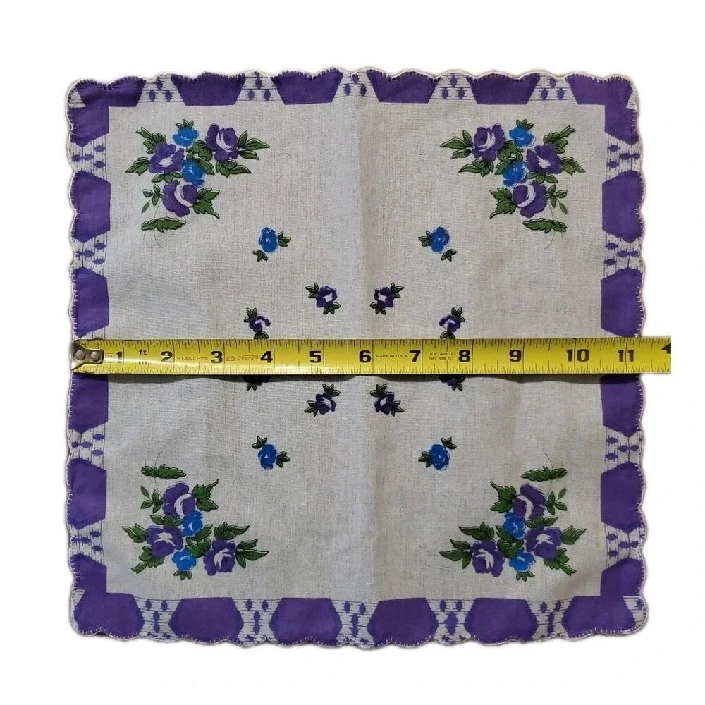 Linen Purple Rose Floral Handkerchief Scalloped Cottage Core Bridesmaid Granny